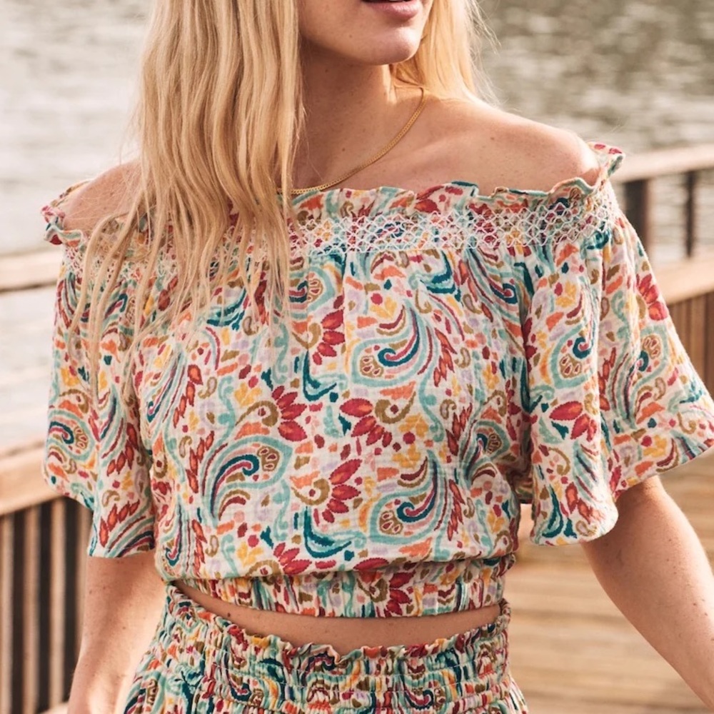 [Marine Layer] NWOT Nora Smocked Multi Paisley Cotton Crop Top XS